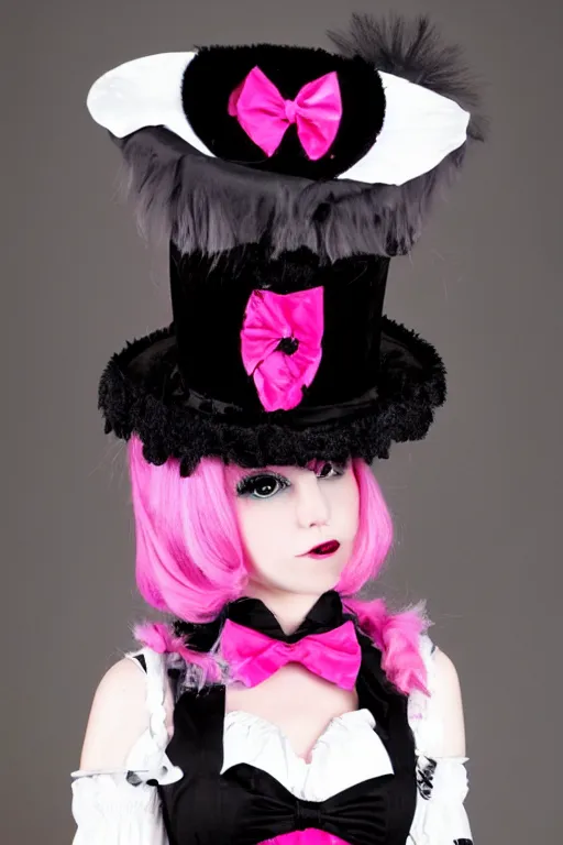 Prompt: Catgirl with black fur, pink hair, and pink eyes in Gothic Lolita maid costume wearing small top hat