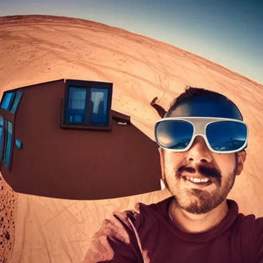 Prompt: a man selfie futuristic house on mars