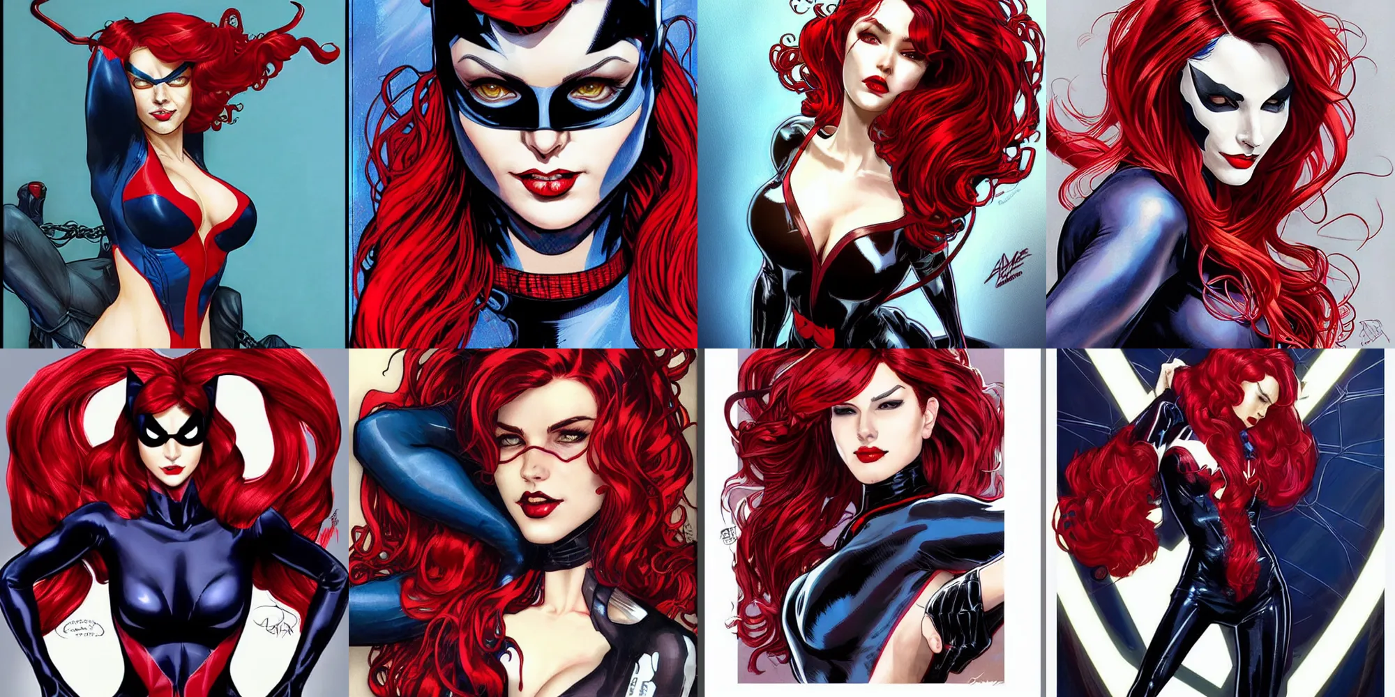 Image similar to catwoman in the style of spiderman, spiderman patterns, red and blue, long red wavy red hair by artgerm and greg rutkowski and alphonse mucha