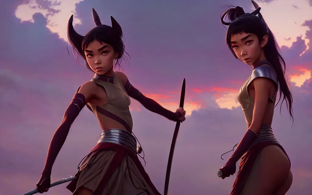 Prompt: weta disney pixar movie shot of madison beer : : as samurai warrior catgirl by pixar : : by weta, greg rutkowski, wlop, ilya kuvshinov, rossdraws, artgerm, marvel, unreal engine, pearlescent, bright morning, anime