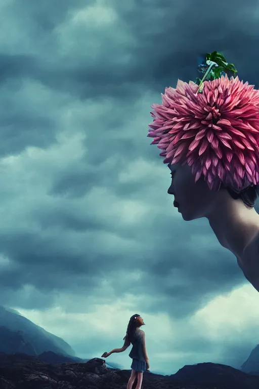 Image similar to closeup girl with giant dahlia flower as head, standing on mountain, surreal photography, blue storm clouds, dramatic light, impressionist painting, digital painting, artstation, simon stalenhag