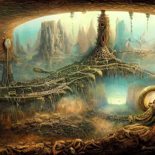 Image similar to surrealist landscape, inside steampunk ant citya, painting, highly detailed