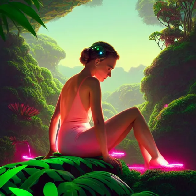 Prompt: a natalie portman sitting on rock, surrounded by bio - luminescent, glowing peaceful serene sentient solarpunk, jungle. in the style of katamari damacy, scattered glowing pink fireflies, soft vaporwave liminal aesthetic. 3 d blender by tomer hanuka, greg rutkowski, beeple, sharp focus, digital painting, concept art