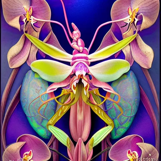 Image similar to majestic colorful orchid mantis enamel by leon bakst and yoshitaka amano, cloisonne, iridescent, black opals, beautiful hyperdetailed art nouveau orchids, james jean, amanda sage, ultrasharp photorealistic octane render