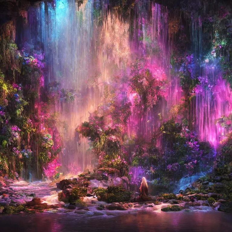 Image similar to oil painting, rich deep colors masterpiece, waterfall, night lights, gray, pink, ultra detailed, beautiful fantasy cave scene, contrast, firefly lights, neon drops, neon stones, redheaded flower girl and dress made of fresh flowers, volumetric light, neon signs, atmospheric lighting, dramatic, cinematic, steampunk, moody, octane render 4 k, 8 k