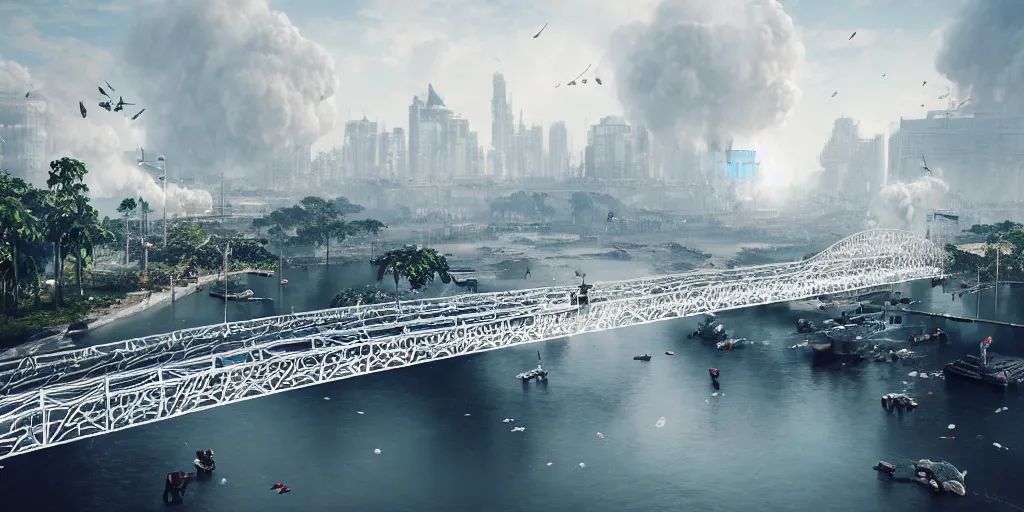 Image similar to explosions in the form of realistic white cotton plants on harbour bridge, huge white cotton everywhere on the destroyed harbour bridge, smooth, sharp focus, highly detailed, 3 d octane render, epic lighting, crazy atmosphere, lots of white cotton, 8 k, by goro fujita