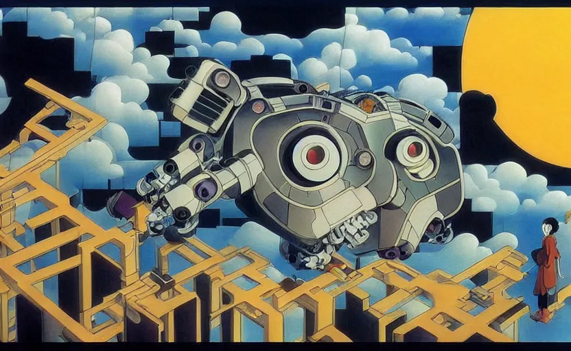 Image similar to beautiful painting from the anime film by studio ghibli, floppy eared dog devouring a robot, happy, MC Escher inspired by Salvador Dali-H 1024