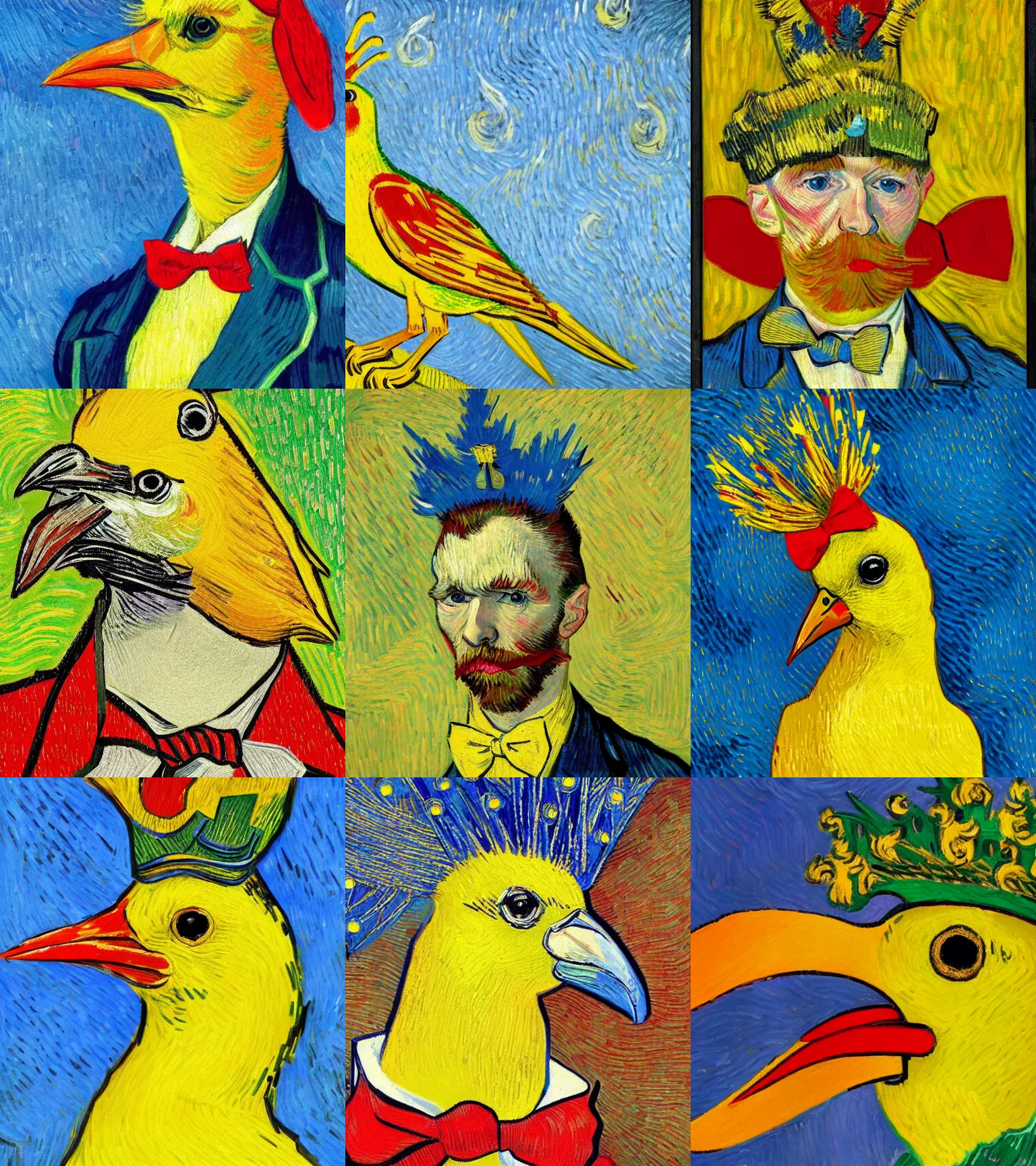 Prompt: an elegant yellow bird wearing a royal crown and a red bow tie in the style of vincent van gogh, post-impressionism, high quality, detailed, 4k