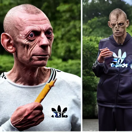 Image similar to gollum smokes cig in adidas tracksuit