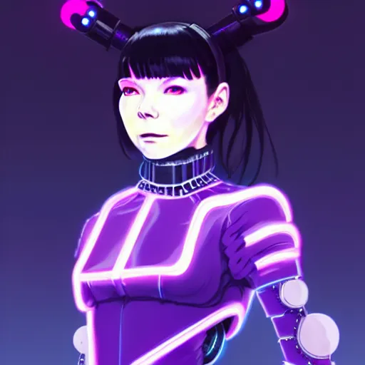 Image similar to a beautiful! bjork model, wearing futuristic cyber leather dress with incredibly intricate glowing purple led lights, jrpg aztec street fashion, gapmoe yandere grimdark, trending on pixiv fanbox, painted by greg rutkowski makoto shinkai takashi takeuchi studio ghibli, akihiko yoshida