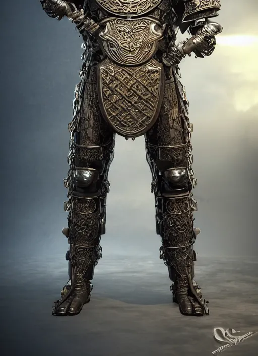 Image similar to hyper realistic glorious ancient celtic god in a obsidian metal armor, futuristic design, designed by makoto kobayashi and luca zampriolo, portrait, cyberpunk style, wood and gold details, intricate, extremely detailed, ornate, deep of field, hard surface, exoskeleton, substance designer metal unreal engine. amazing likeness. very detailed.