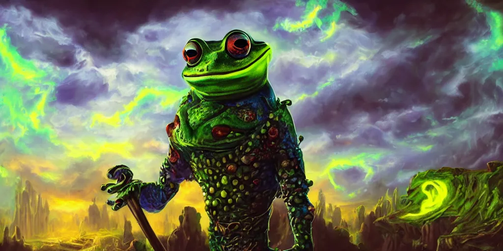 Prompt: [ style ] [ oil painting ] [ palate ] [ vibrant gothic colors ] 👾 👽 anthropomorphic frog warrior, vibrant neon nebulous clouds, radiant light rays, photorealistic painting, intricate and fine details, volumetric lighting, artstation, god figure at the gate