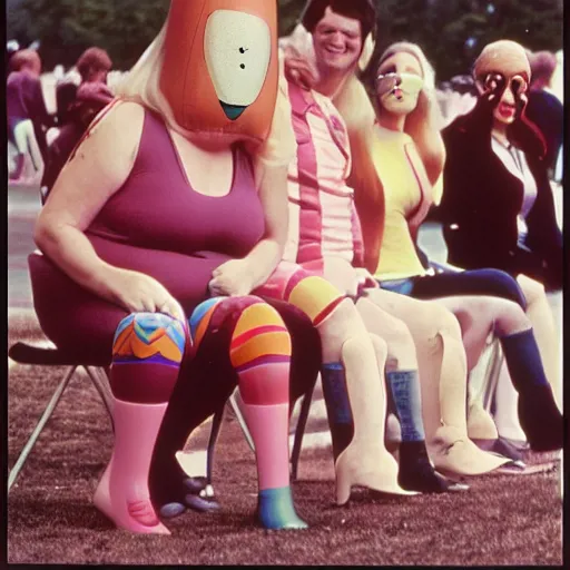 Prompt: 1981 woman on tv show wearing a squishy inflatable prosthetic mask long stick nose, soft color wearing a leotard at the park 1981 color film 16mm holding a an inflatable animal Fellini John Waters Russ Meyer Doris Wishman old photo