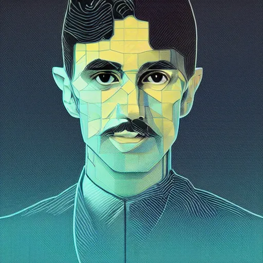 Image similar to visionary inventor nikola tesla profile picture by sachin teng and artgerm, art style by midjourney, masterpiece, organic painting, matte painting, technical geometrical drawing shapes, lightning electricity coil, hard edges, graffiti, street art by sachin teng