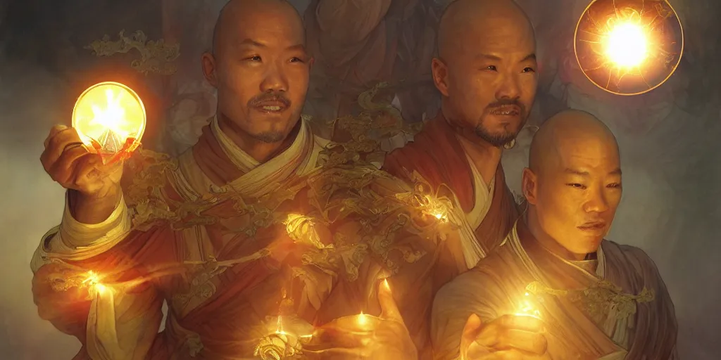 Image similar to shaolin monks holding an orbs of light. fantasy, digital painting, golden hour, 8 k, highly detailed. realistic award, disney concept art, watercolor splash, illustration by mandy jurgens, alphonse mucha hidari and wlop and greg rutkowski