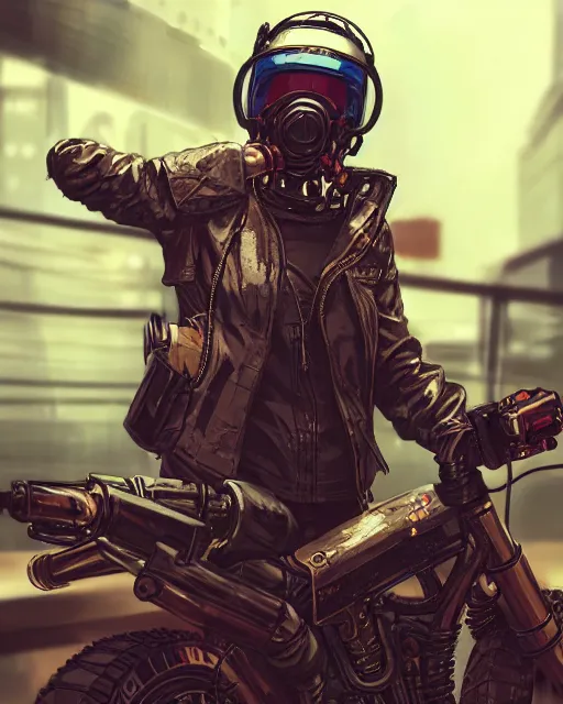 Image similar to koyto animation girl wearing cyberpunk intricate streetwear riding dirt bike, respirator, detailed portrait, cell shaded, 4 k, concept art, by wlop, ilya kuvshinov, artgerm, krenz cushart, greg rutkowski, pixiv. cinematic dramatic atmosphere, sharp focus, volumetric lighting, cinematic lighting, studio quality