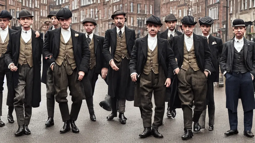 Image similar to a group of human shrimps dressed like the peaky blinders