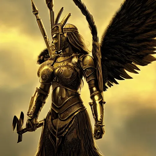 Prompt: a valkyrie warrior with angel wings flying with golden armor in front of a sky background, digital art, highly detailed, photorealism, hyperrealistic