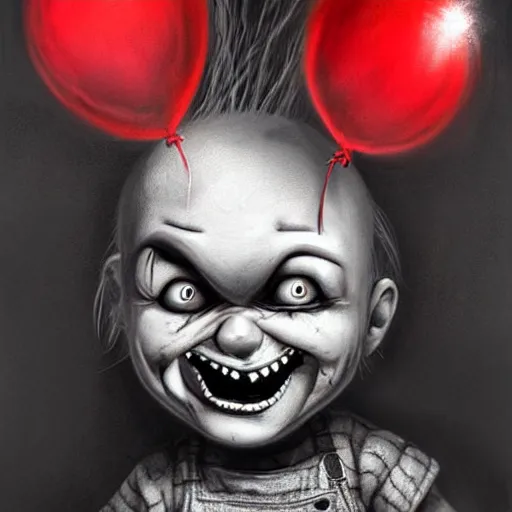 Image similar to surrealism grunge cartoon portrait sketch of chucky with a wide smile and a red balloon by - michael karcz, loony toons style, freddy krueger style, horror theme, detailed, elegant, intricate