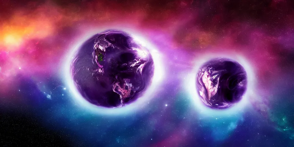 Image similar to an image of two planets with beautiful swirling purple clouds in the background. one planet is earth - like. a digital rendering, magnificent space art, pixabay contest winner. uhd image from space engine. extremely high fov.