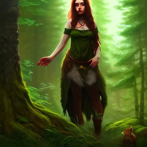 Image similar to a pretty female druid surrounded by forest animals, in the woods, hyper realistic, digital painting, photorealistic, in the style of greg rutkowski, detailed face