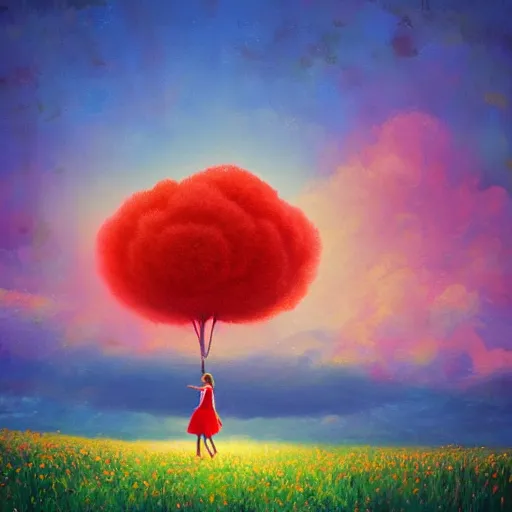 Image similar to giant red flower afro, full body, girl walking in the middle of a field with flowers, surreal photography, hills, sunrise dramatic light, impressionist painting, colorful clouds, digital painting, pointillism, artstation, simon stalenhag