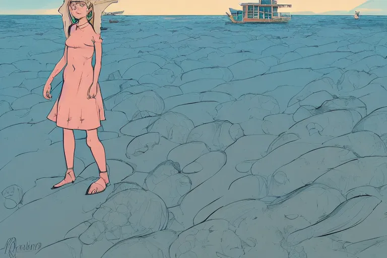 Image similar to a study of cell shaded cartoon of a girl standing on a beach, illustration, wide shot, subtle colors, post grunge, concept art by josan gonzales and wlop, by james jean, Victo ngai, David Rubín, Mike Mignola, Laurie Greasley, highly detailed, sharp focus, alien, Trending on Artstation, HQ, deviantart, art by artgem