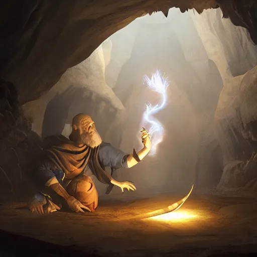 Prompt: A wizard in a cave casting a light spell, dramatic lighting, highly detailed, digital painting, artstation, concept art, smooth, sharp focus, illustration by Caravaggio