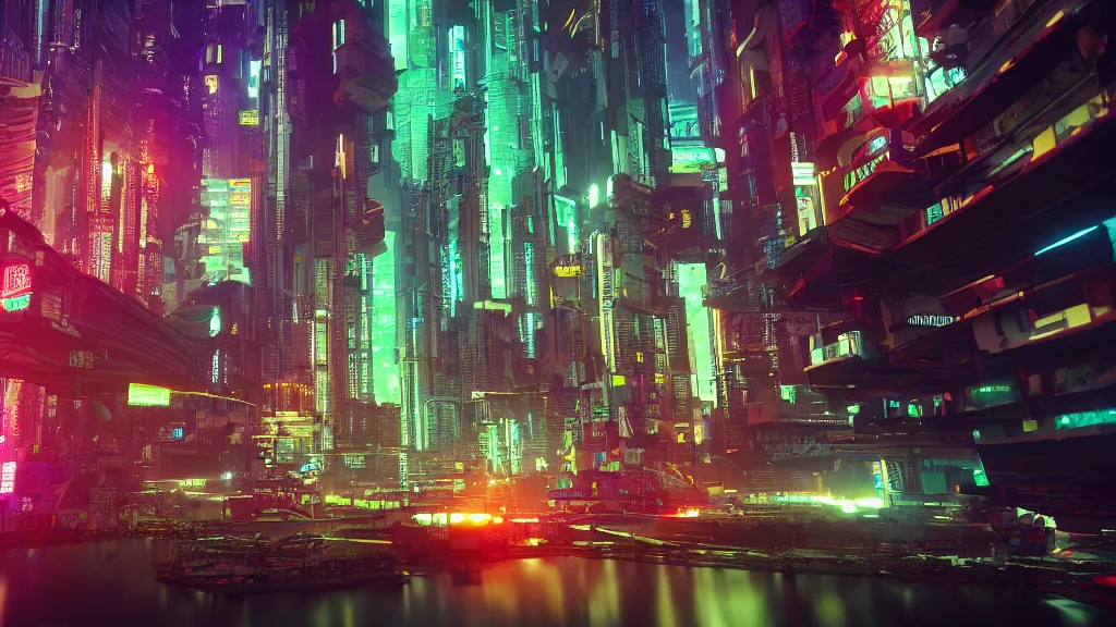 Prompt: cyberpunk city built underwater, nighttime, fluorescent led, made in blender, octane render, cinematic, volumetric lighting, futuristic,, hyperrealistic, highly detailed, colourful 4 k hd