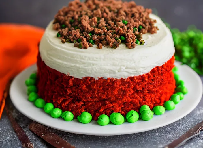 Prompt: dslr food photograph of a birthday cake iced with mashed potatoes and topped with ground beef carrots and peas, 8 5 mm f 1. 8