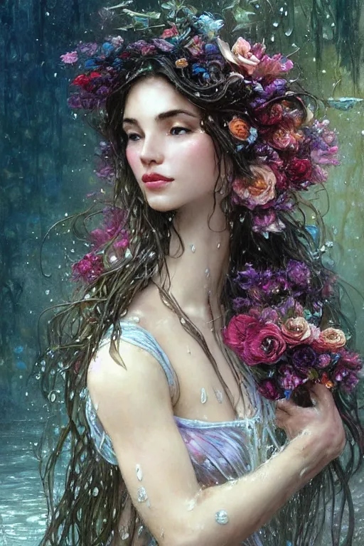 Image similar to portrait of a beautiful mysterious drenched woman holding a bouquet of flowing flowers, drenched clothing, wet dripping long hair, hands hidden under the bouquet, emerging from the water, fantasy, regal, intricate, by stanley artgerm lau, greg rutkowski, thomas kindkade, alphonse mucha, loish, norman rockwell