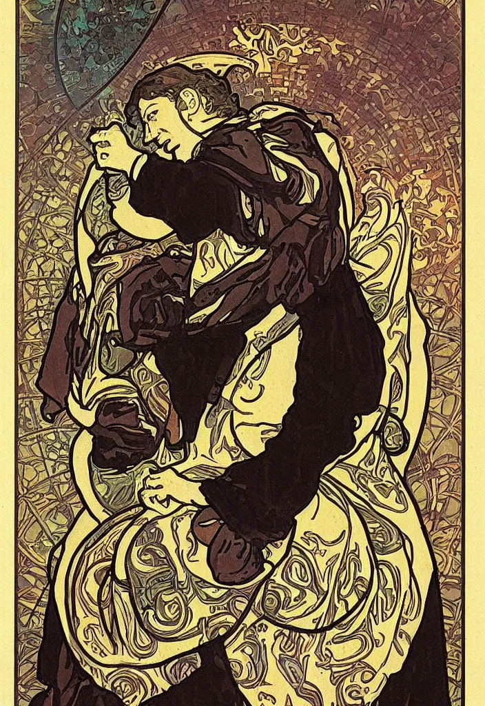 Image similar to Yann LeCun sitting on the throne on a tarot card, illustrated on the Rider–Waite tarot, art style by Alphonse Mucha