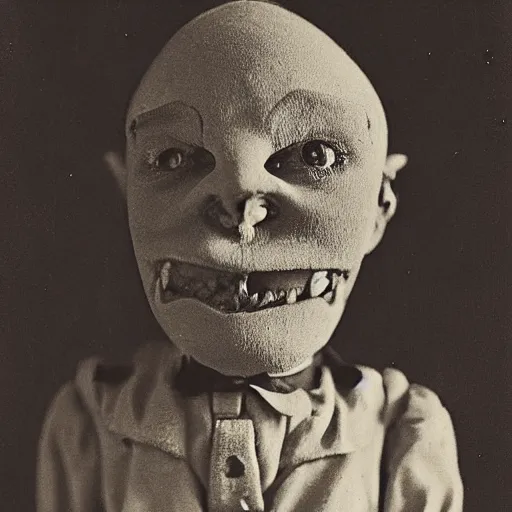 Image similar to a ventriloquist figure, ventriloquist dummy head, smiling, photograph, style of atget, nightmare, concept art, creepy