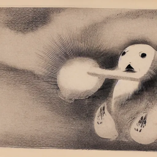 Image similar to a baby harp seal demon, radiating dark aura, Japanese ink drawing from 1850