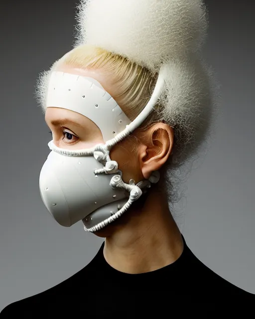 Image similar to portrait of a woman wearing a white embroidered translucent silicone mask and white yellow frizzy hair buns, wearing a black bodysuit by alexander mcqueen, cream white background, soft diffused light, biotechnology, humanoide robot, bjork aesthetic, translucent, by rineke dijkstra, intricate details, highly detailed, masterpiece,