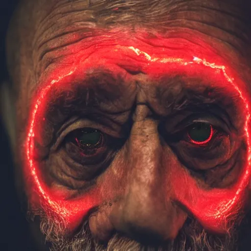 Image similar to an old man with glowing red eyes