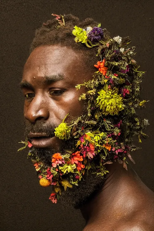 Image similar to African man's face in profile, long beard, made of flowers and fruit, in the style of the Dutch masters and Gregory crewdson, dark and moody