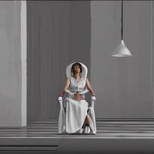 Image similar to a woman in a white dress sitting in a chair, concept art by john carpenter, reddit, hypermodernism, playstation 5 screenshot, unreal engine 5, criterion collection