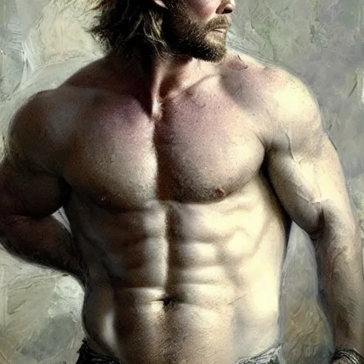 Image similar to Chris Hemsworth with a hairy!!!!! shredded!!!!! body type, painting by Gaston Bussiere, Craig Mullins