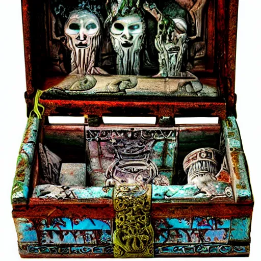 Image similar to haunted ornate ancient sinsister-looking box of ghosts| very detailed and colorful |beautiful eerie surreal psychedelic