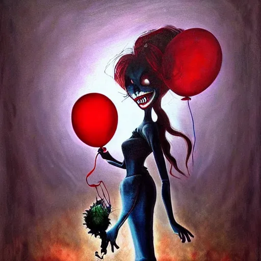 Prompt: grunge painting of beyond the void with a wide smile and a red balloon by chris leib, loony toons style, pennywise style, corpse bride style, horror theme, detailed, elegant, intricate, conceptual, volumetric light