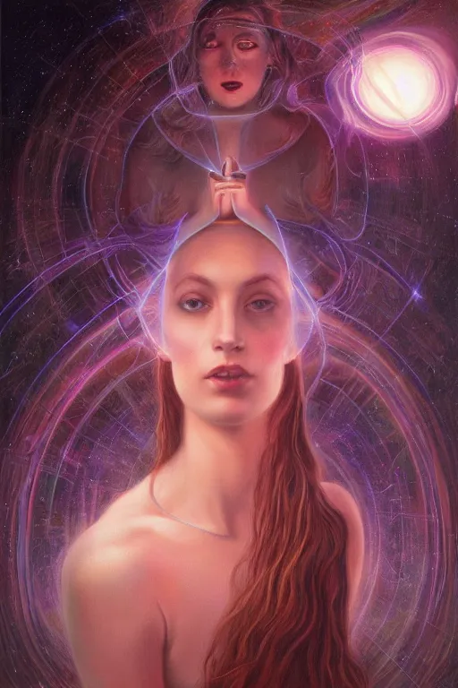 Image similar to gorgeous psychic woman, opening third eye chakra, dark theme night time, expanding electric energy waves into the ethereal realm, epic surrealism 8k oil painting, portrait, perspective, high definition, post modernist layering, by Sophie Anderson, Gerald Brom