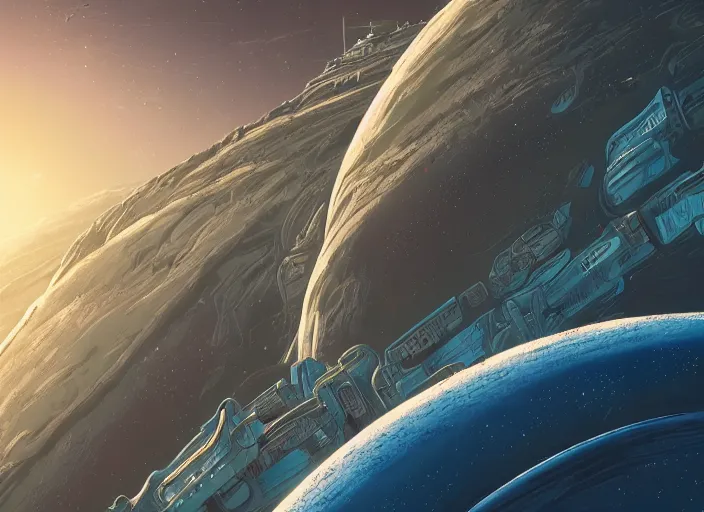 Image similar to close up view of a bustling space port on an alien planet by jeff darrow and moebius, earth and pastel colors, dramatic perspective, detailed, realistic, masterpiece, 4 k, 8 k