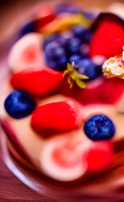 Image similar to A photo of a swedish cake from the side on a wooden table, with cream spread on the sides and strawberries, raspberries and blueberries placed in circles on top. Sunset. 4K. Cinematic lighting. High detail. Realistic. Delicious.