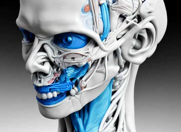 Prompt: a bust sculpture of anatomical detailed cyborg, blue blood ceramic base, studio lighting