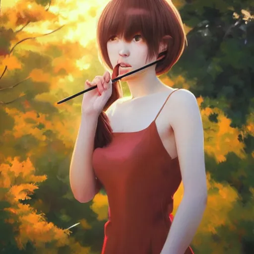 Image similar to oil painting by ilya kuvshinov,, baugh casey, rhads, coby whitmore, of a youthful japanese beauty, long hair, popsicle in mouth, outdoors, highly detailed, breathtaking face, studio photography, dawn, intense subsurface scattering, blush, supple look, innocence, intense sunlight