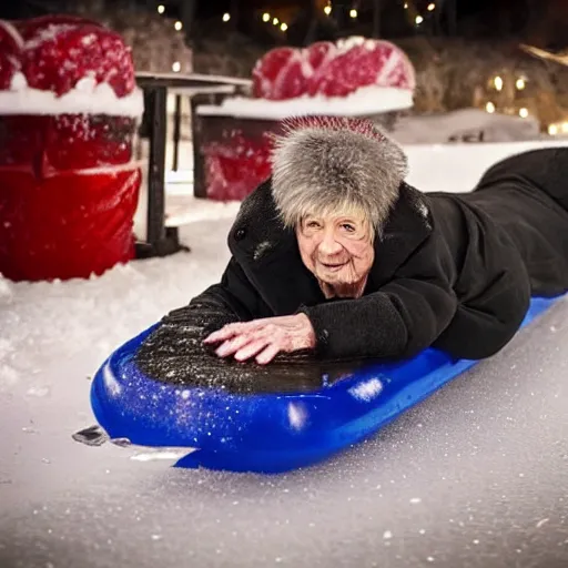 Image similar to professional photo, an elderly woman sliding down an incredibly long ice luge on her back at incredibly high speeds