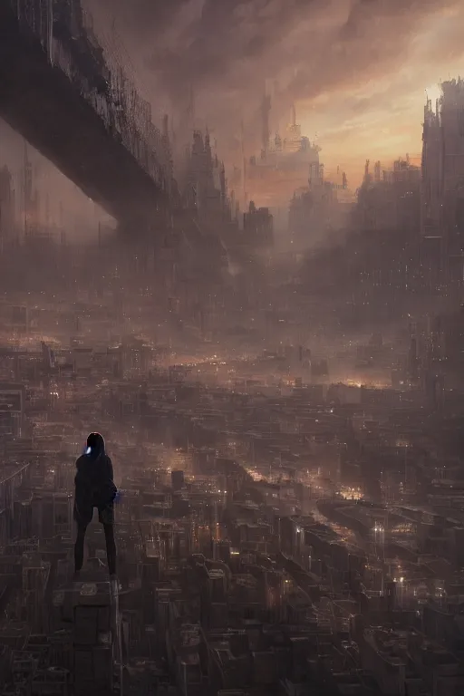 Image similar to A person standing in the foreground of a never ending city by Greg Rutkowski, Sung Choi, Mitchell Mohrhauser, Maciej Kuciara, Johnson Ting, Maxim Verehin, Peter Konig, final fantasy , 8k photorealistic, cinematic lighting, HD, high details, dramatic, dark atmosphere, trending on artstation