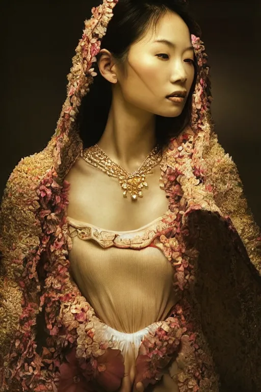 Prompt: very beautiful asian woman, beautiful face, ultradetailed, ethereal, flowers, beautiful wedding dress, gorgeous, volumetric lighting, art by steve mccurry