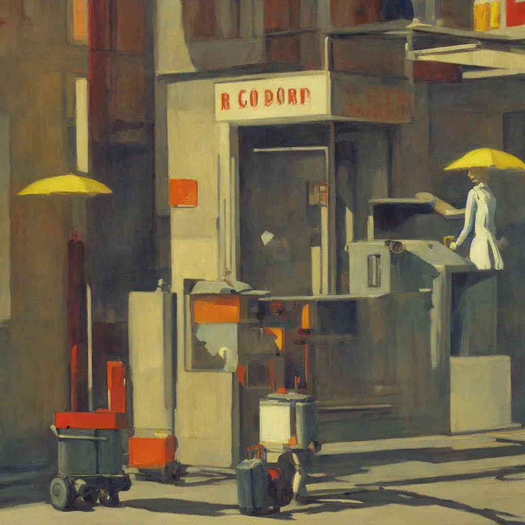 Prompt: a painting of a tin can robot with luggage in new york by Edward Hopper